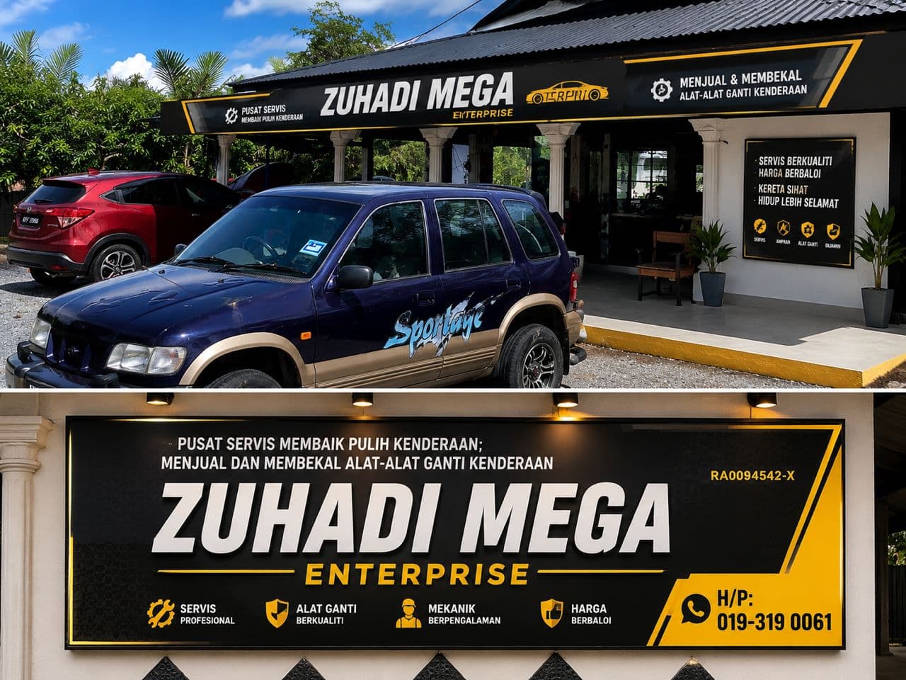 Bengkel dan papan tanda Zuhadi Mega Enterprise di Simpang Sanglang, Perlis